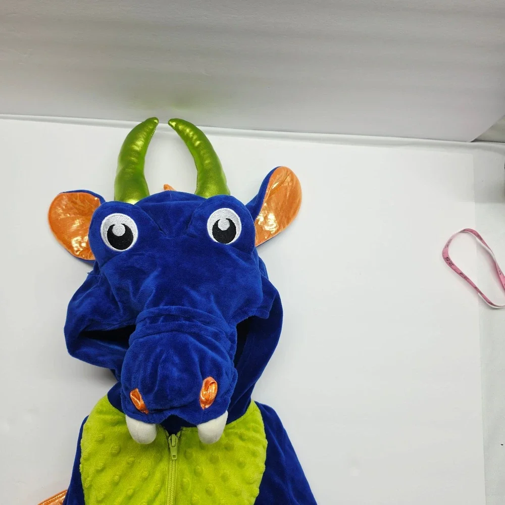 Spooked Dragon Costume Kids 4T Blue Orange Wings Plush Jumpsuit READ FLAW